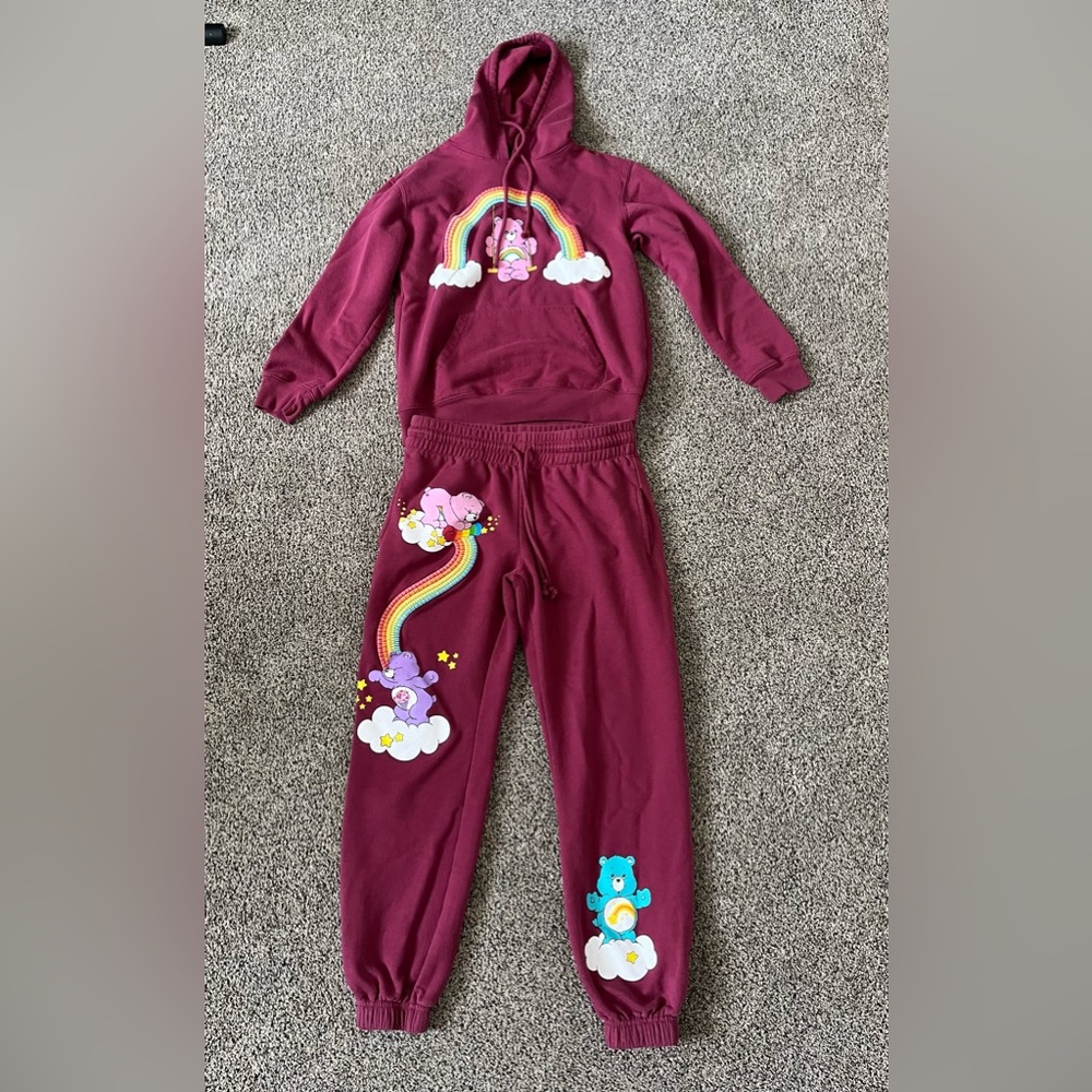 Care Bears Maroon Hoodie with Rainbow Trim
